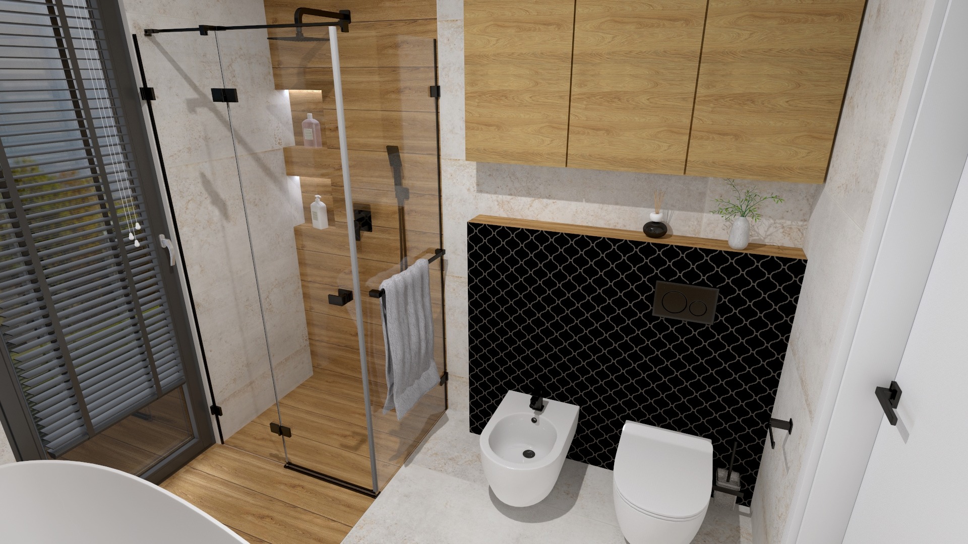 Wizualizacja łazienki z kabiną prysznicową typu walk-in z drewnianymi akcentami, wiszącą toaletą i bidetem na tle czarnej mozaiki w marokański wzór. Na ścianie nad toaletą drewniana półka...