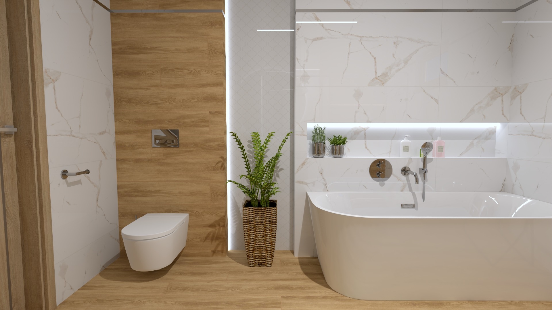 Nowoczesna łazienka z drewnianymi i marmurowymi elementami, wolnostojąca wanna, wisząca toaleta, oświetlona półka z kosmetykami i doniczką z rośliną.