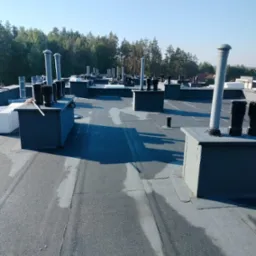 Płaski dach pokryty papą termozgrzewalną z licznymi kominami wentylacyjnymi i spalinowymi, widok z góry na tle lasu i błękitnego nieba.