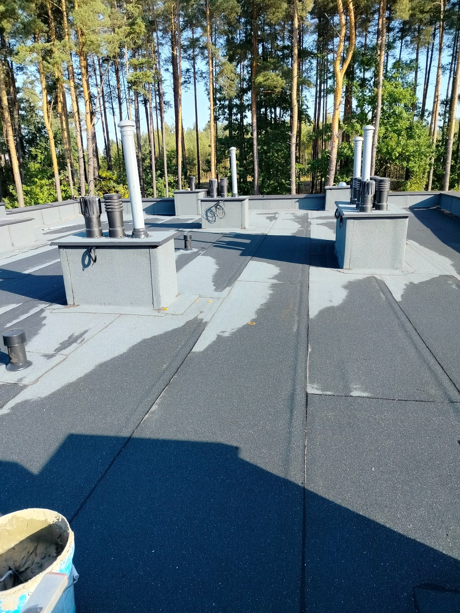 Nowe, płaskie pokrycie dachu z papy termozgrzewalnej z kominami wentylacyjnymi i obróbkami blacharskimi; w tle wysokie drzewa iglaste.