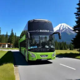 Zielony autobus Buzzbus na drodze, w tle góra ze śnieżnym szczytem i las. Autobus VDL z widoczną tablicą rejestracyjną WGM 8920K. Słoneczny dzień.