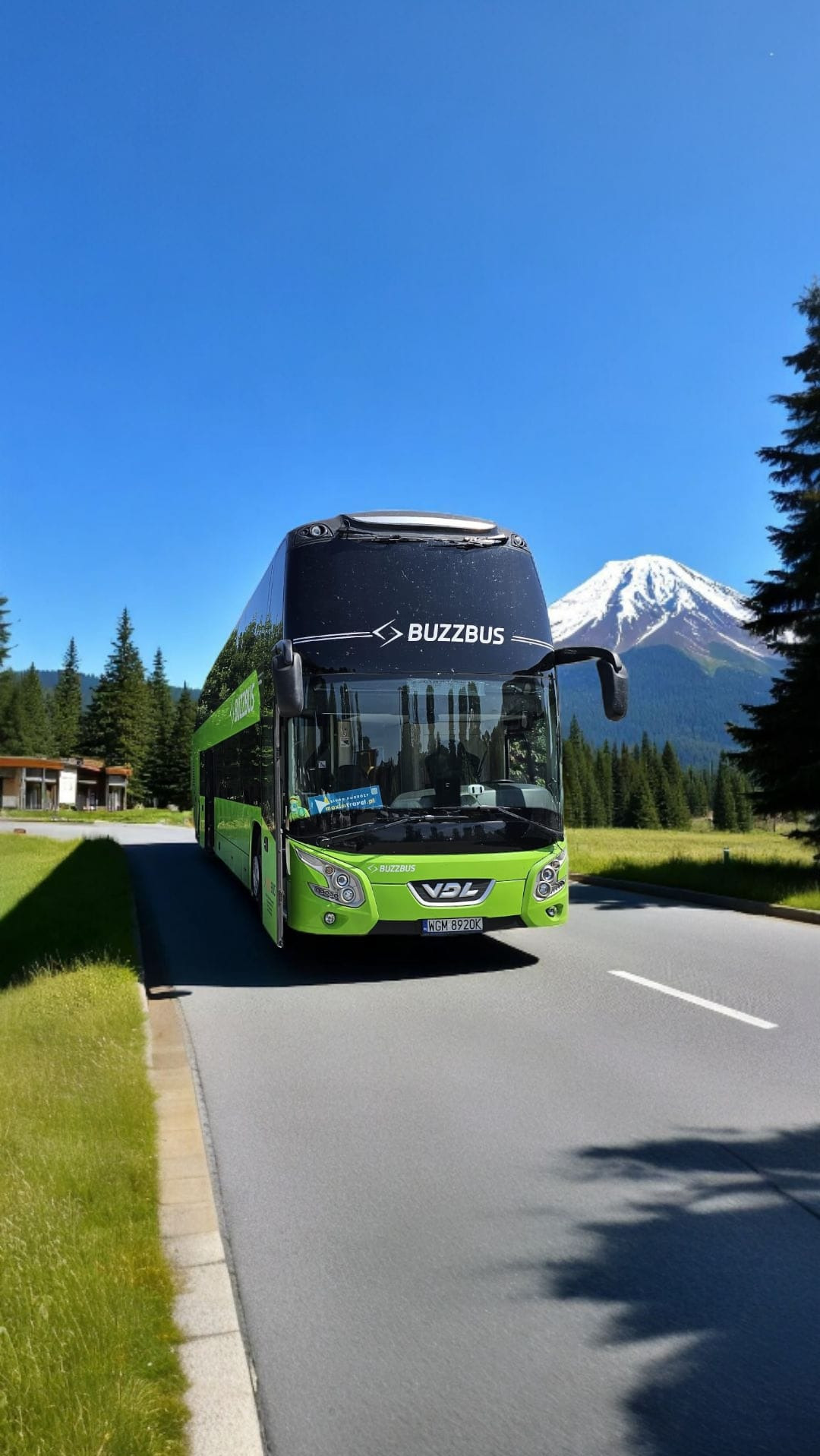 Zielony autobus Buzzbus na drodze, w tle góra ze śnieżnym szczytem i las. Autobus VDL z widoczną tablicą rejestracyjną WGM 8920K. Słoneczny dzień.