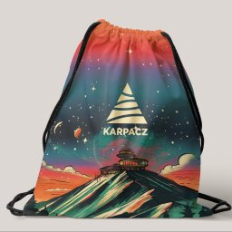 Kwasiuk.art Alicja Kwasiuk-Łęcka - Worek z nadrukiem przedstawiającym górski krajobraz z budynkiem obserwatorium na szczycie, stylizowany na kosmiczny pejzaż z gwiazdami, planetą i logo 'Karpacz' pod trójkątnym symbolem.
