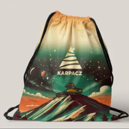 Grafika na worku przedstawia Śnieżkę z Obserwatorium, stylizowaną na retro plakat turystyczny z kosmicznym tłem, napisem Karpacz i symbolem trójkąta.