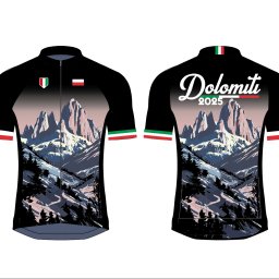 Kwasiuk.art Alicja Kwasiuk-Łęcka - Grafika koszulki rowerowej z motywem Dolomitów i flagami Włoch i Polski, projekt graficzny z Sosnówki.