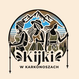 Kwasiuk.art Alicja Kwasiuk-Łęcka - Stylizowane logo przedstawiające trzy kobiety z kijkami trekkingowymi na tle górskiego krajobrazu z napisem 'Kijki w Karkonoszach'.