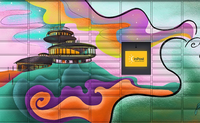Abstrakcyjna ilustracja budynku z logo InPost na tle kolorowych wzorów i siatki.