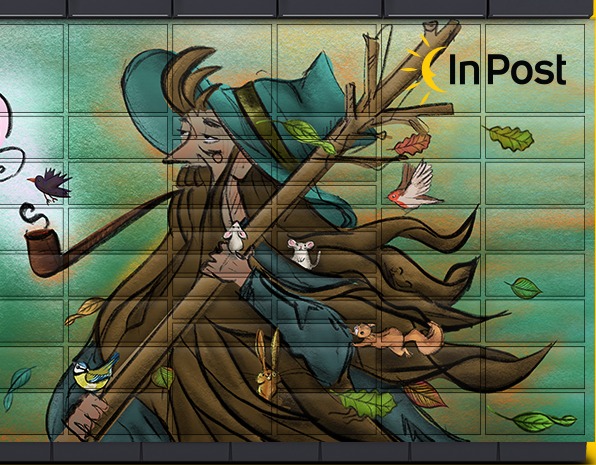 Ilustracja na kafelkach przedstawiająca brodatego mężczyznę z fajką i kijem, otoczonego zwierzętami i liśćmi, z logo 'InPost' w prawym górnym rogu.