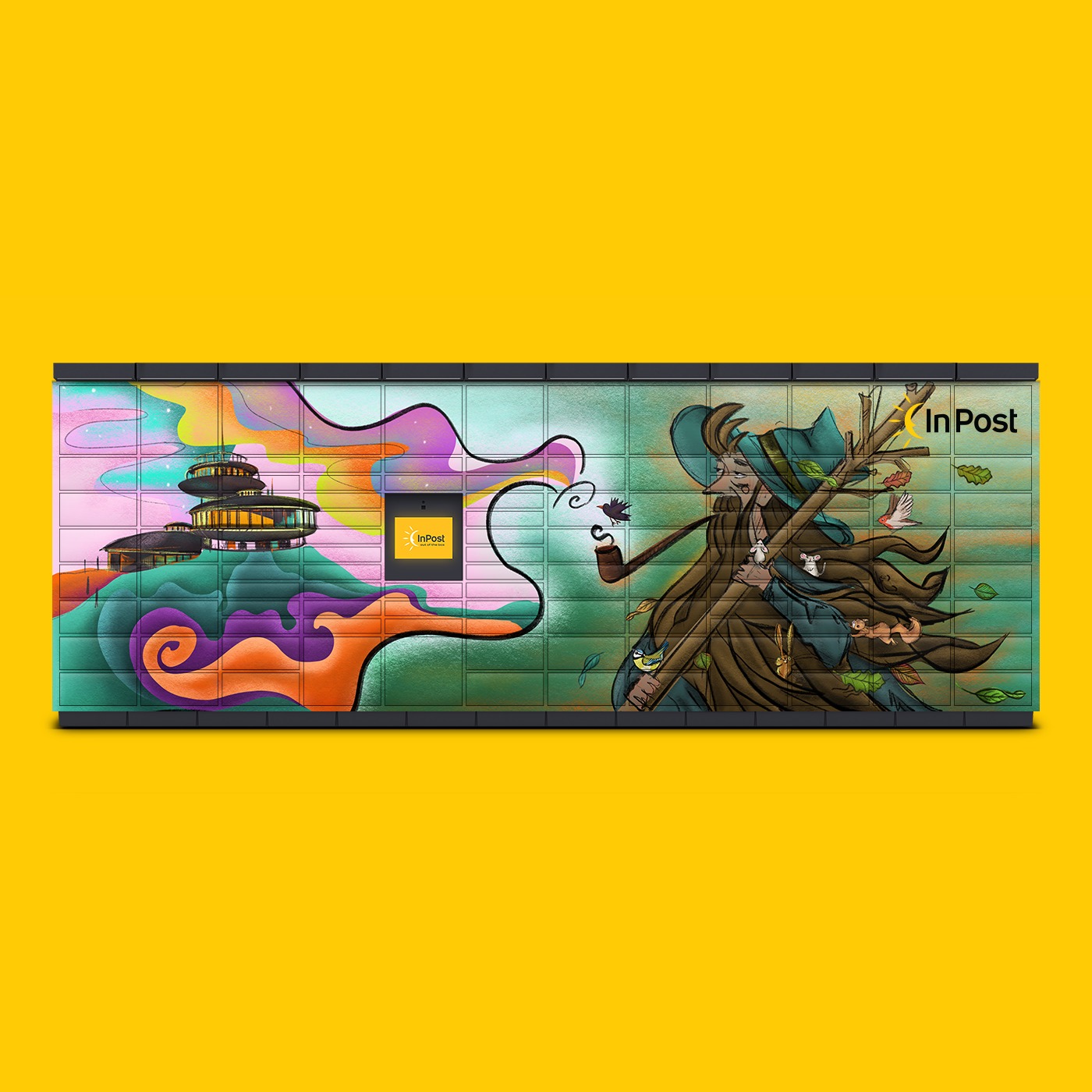 Ilustracja na paczkomacie InPost przedstawiająca połączenie futurystycznego budynku i postaci wiedźmy z fajką, otoczonej przez zwierzęta i liście, w pastelowej kolorystyce.