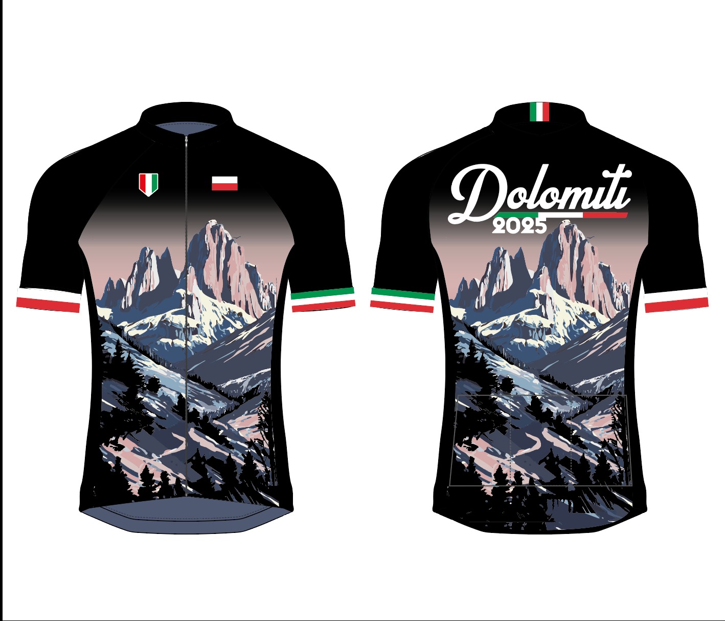 Grafika koszulki rowerowej z motywem Dolomitów i flagami Włoch i Polski, projekt graficzny z Sosnówki.