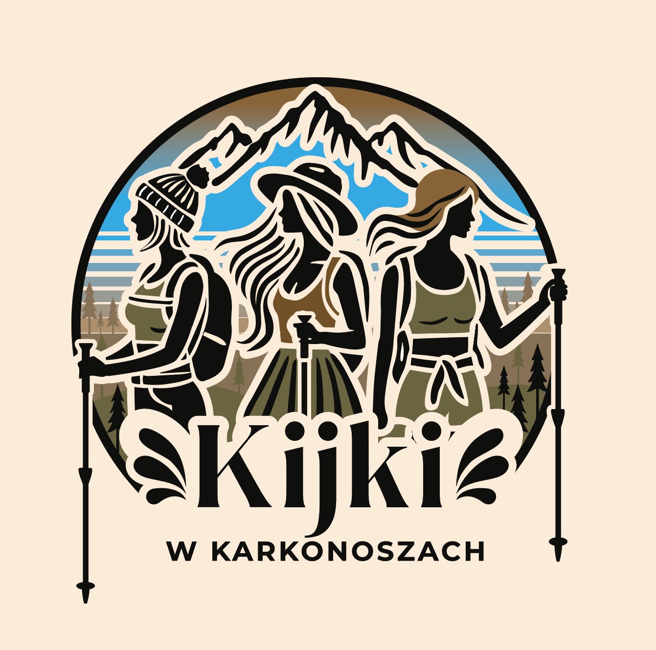 Stylizowane logo przedstawiające trzy kobiety z kijkami trekkingowymi na tle górskiego krajobrazu z napisem 'Kijki w Karkonoszach'.