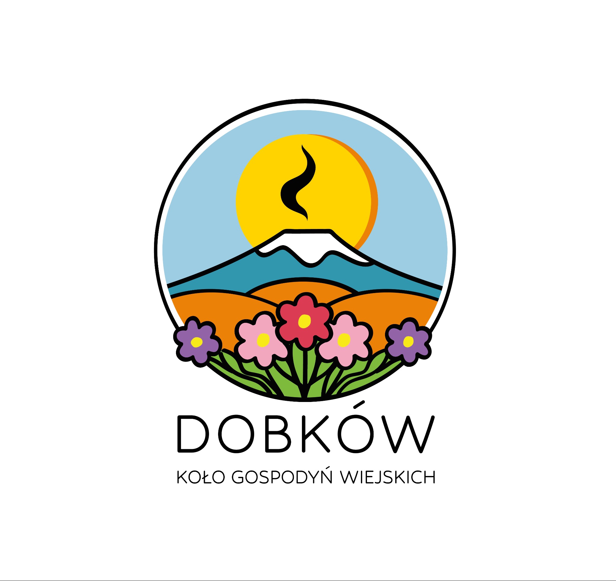 Kolorowe logo z nazwą 'DOBKÓW' i dopiskiem 'KOŁO GOSPODYŃ WIEJSKICH', przedstawiające górę z ośnieżonym szczytem, słońce i kwiaty w okręgu.