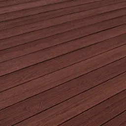 Ciemnobrązowa deska tarasowa z wyraźnym usłojeniem, ułożona pod kątem, ukazująca fakturę drewna.