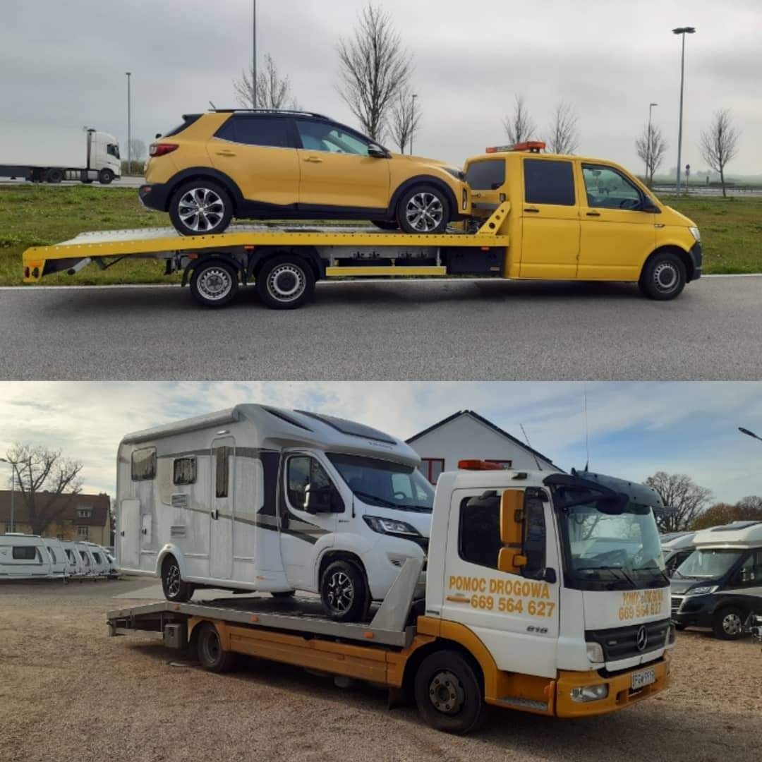 Dwa ujęcia: żółty samochód osobowy na żółtej lawecie na szarej drodze oraz biały kamper na białej lawecie na żwirowym placu.