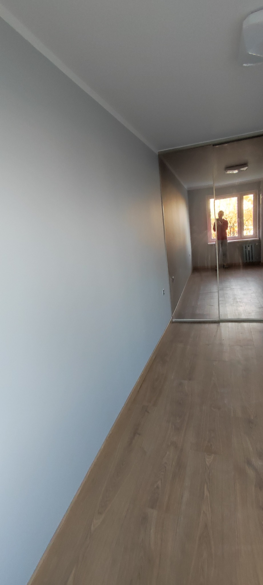 Pomalowane na szaro ściany w pustym pokoju z panelami podłogowymi, widok na okno z odbiciem osoby w lustrzanej szafie.