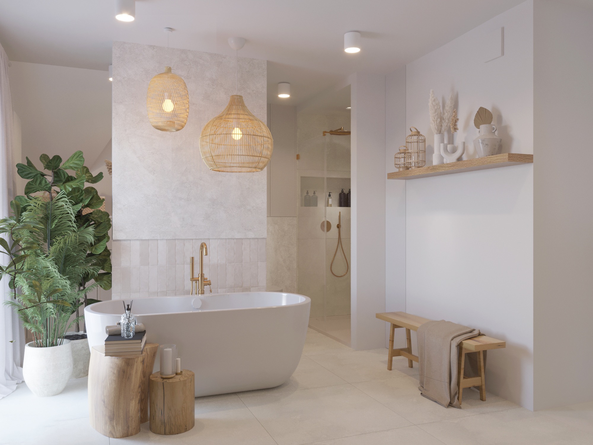 Jasna, przestronna łazienka w Gdańsku z wolnostojącą wanną, złotą armaturą, drewnianymi stolikami pomocniczymi, dekoracyjnymi lampami wiszącymi z rattanu, roślinami w donicach i minimalistycznym...