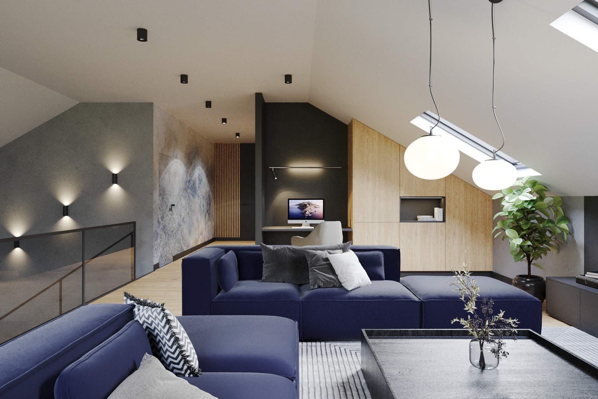 Nowoczesny salon na poddaszu z granatową sofą modułową, biurkiem z komputerem pod oknem dachowym i dekoracyjnym oświetleniem ściennym.