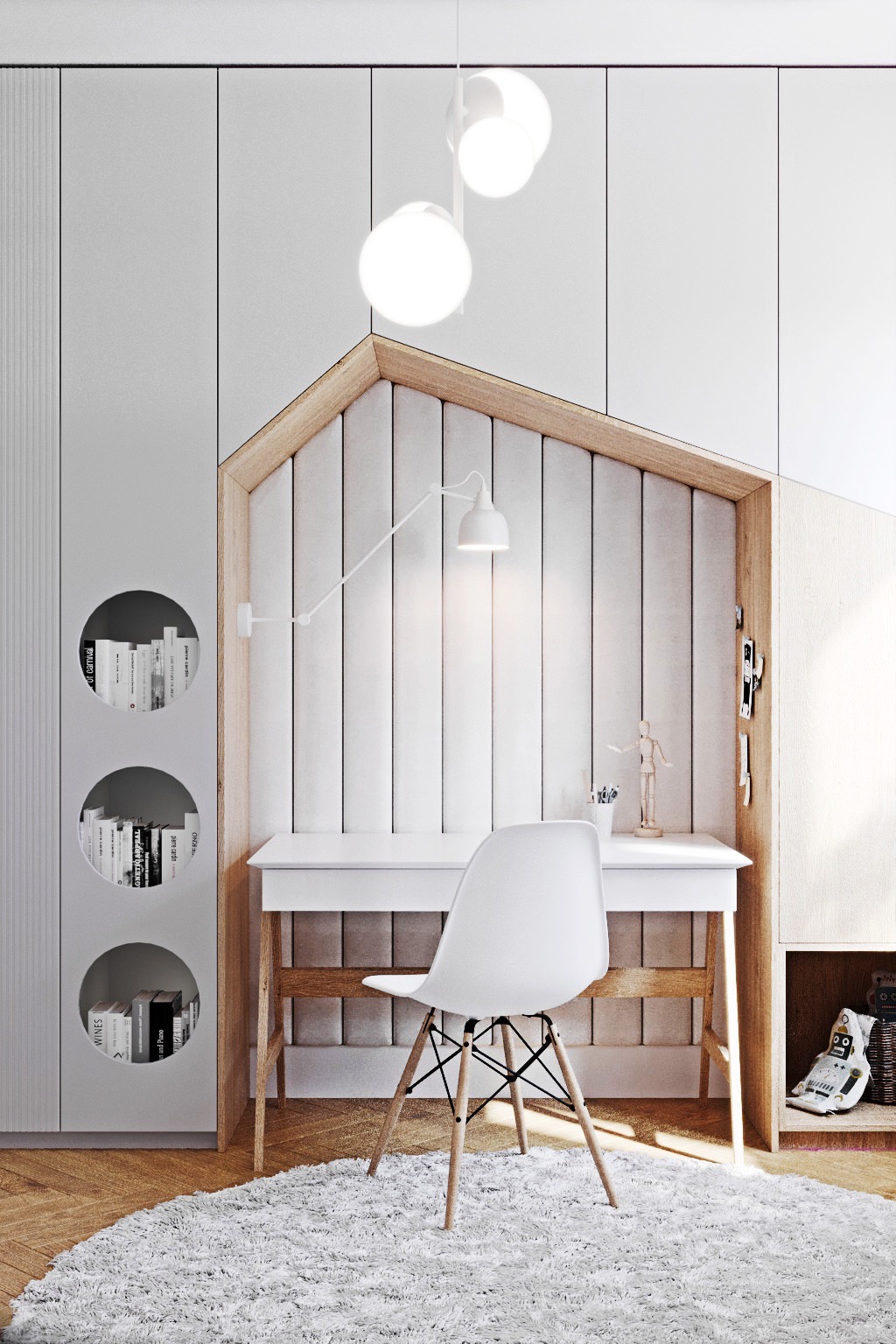 Nowoczesny pokój dziecięcy z biurkiem w kształcie domku, białym krzesłem, okrągłymi półkami na książki i puszystym dywanem, oświetlony wiszącymi lampami kulami.