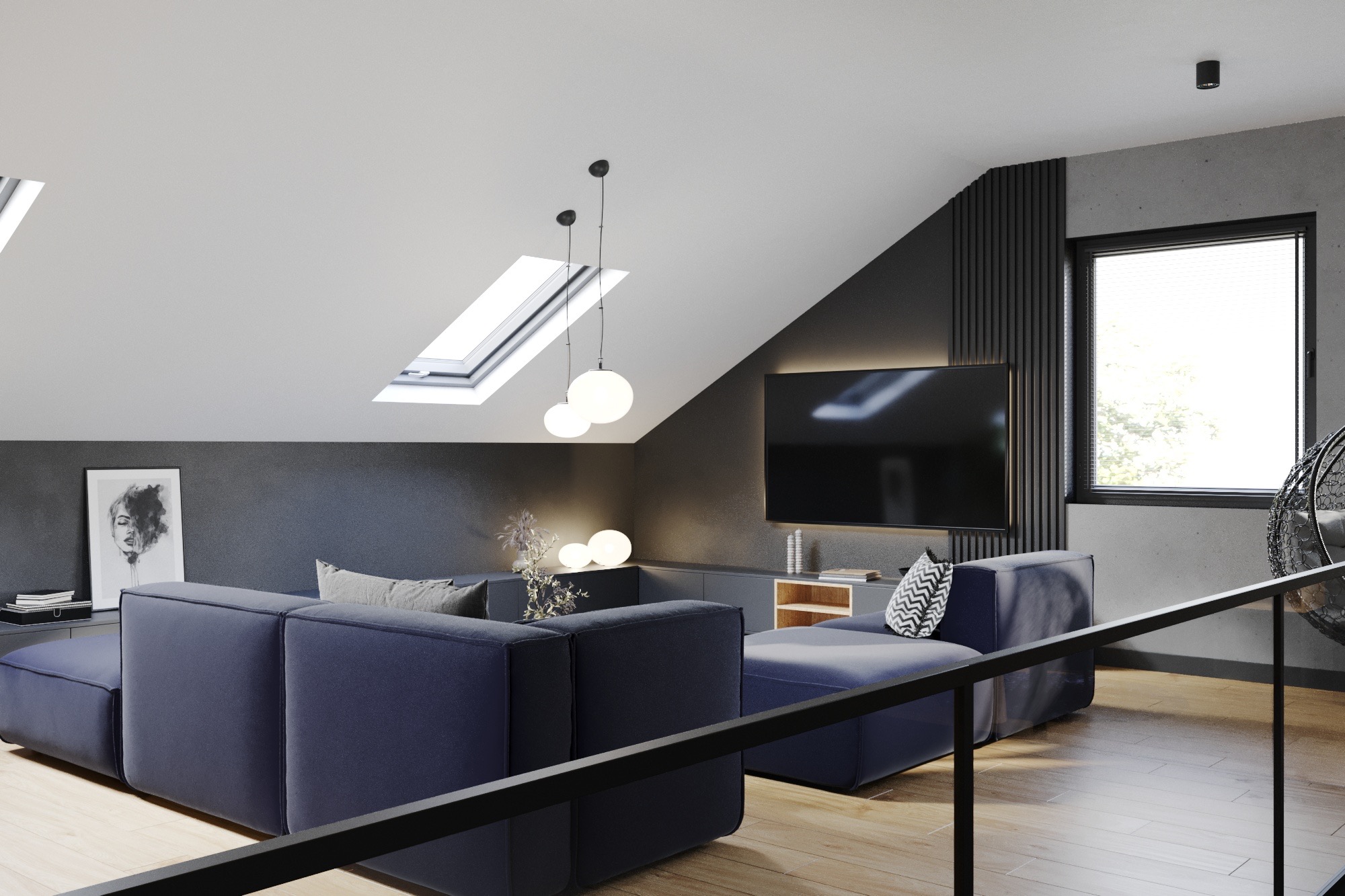 Nowoczesny salon na poddaszu z granatową sofą modułową, oknami dachowymi i minimalistycznym wystrojem.