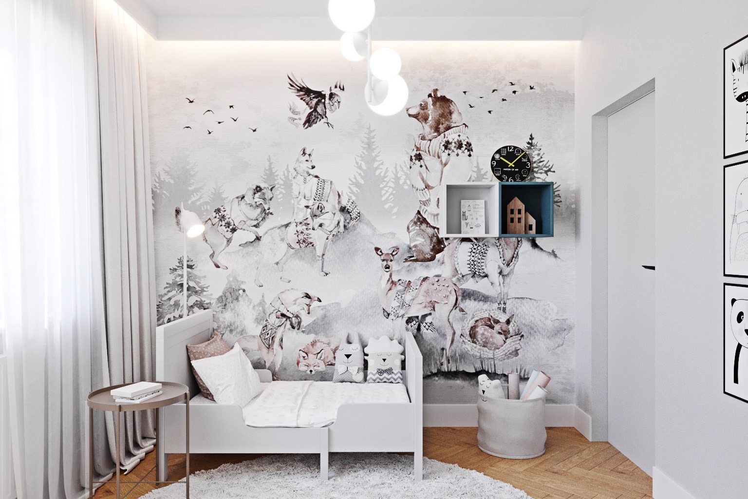 Pokój dziecięcy z łóżkiem, stolikiem nocnym i fototapetą przedstawiającą zwierzęta w zimowym lesie, uzupełniony o półki z dekoracjami i minimalistyczne grafiki na ścianie.
