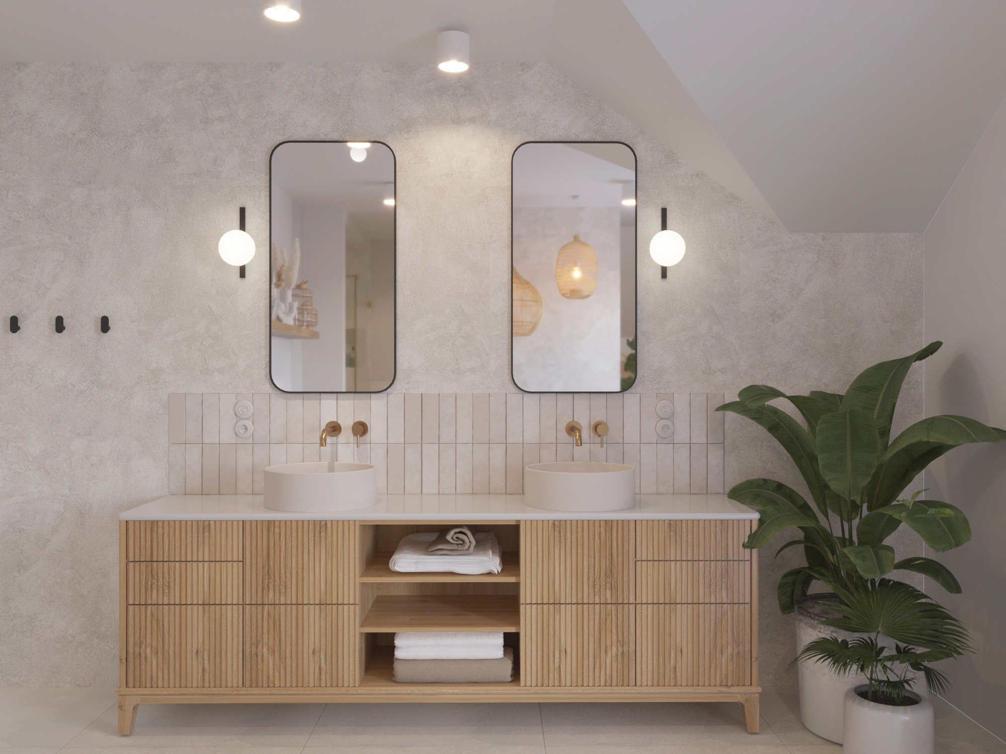Nowoczesna łazienka z podwójną umywalką nablatową, drewnianą szafką z ryflowanymi frontami, dwoma lustrami w czarnych ramach, oświetleniem punktowym i rośliną doniczkową.