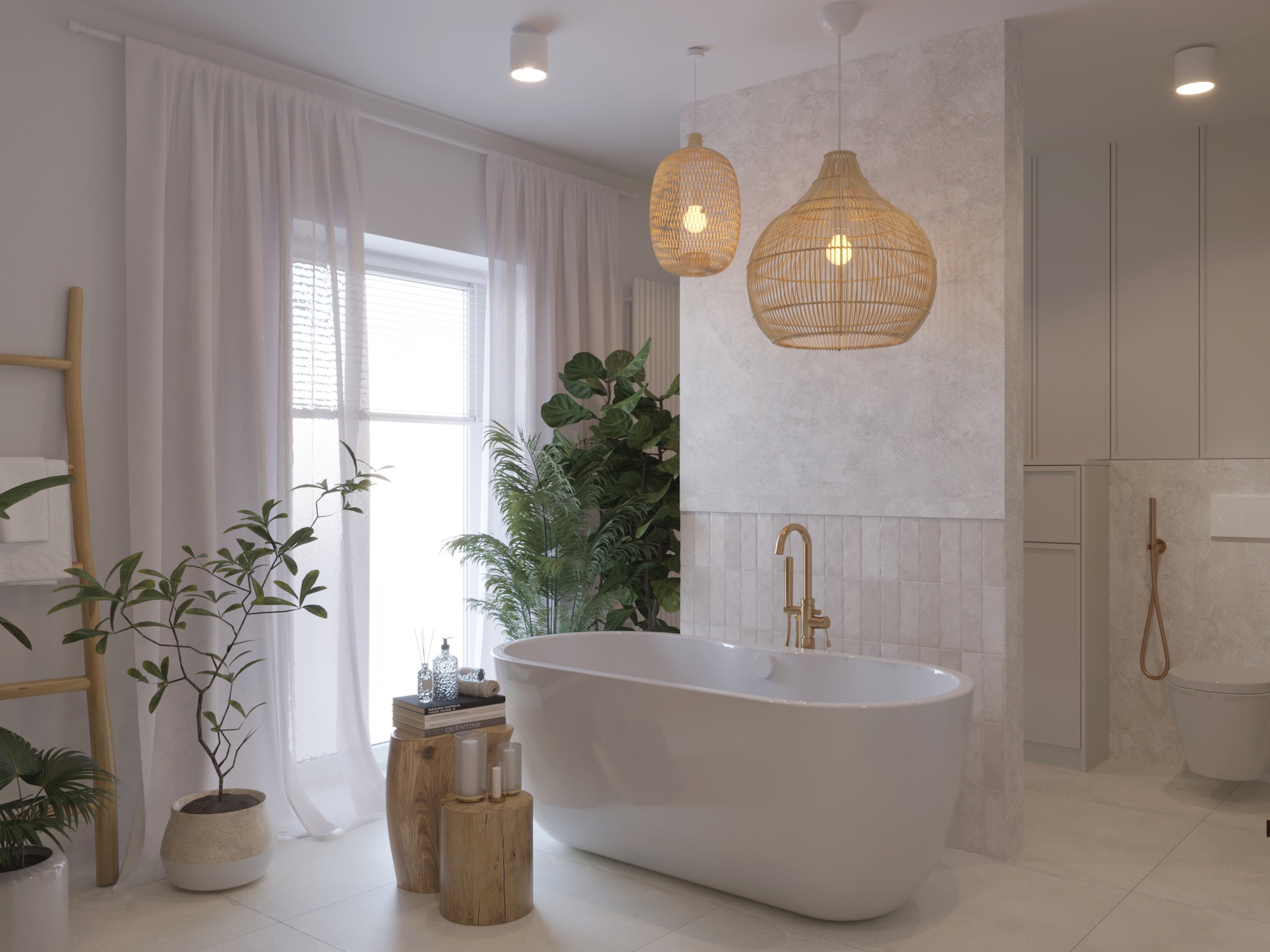 Jasna łazienka z wolnostojącą wanną, złotą armaturą i rattanowymi lampami, dekorowana roślinami doniczkowymi i drewnianymi stolikami pomocniczymi