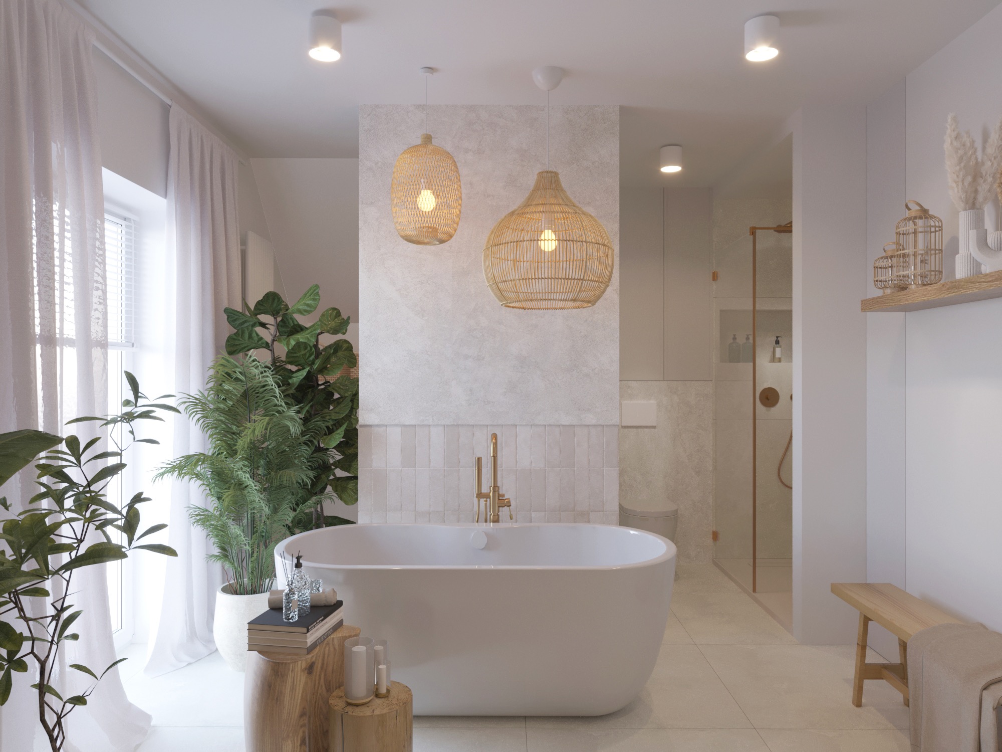 Jasna łazienka w stylu boho z wolnostojącą wanną, złotą armaturą, plecionymi lampami i roślinami doniczkowymi, oświetlona światłem dziennym.