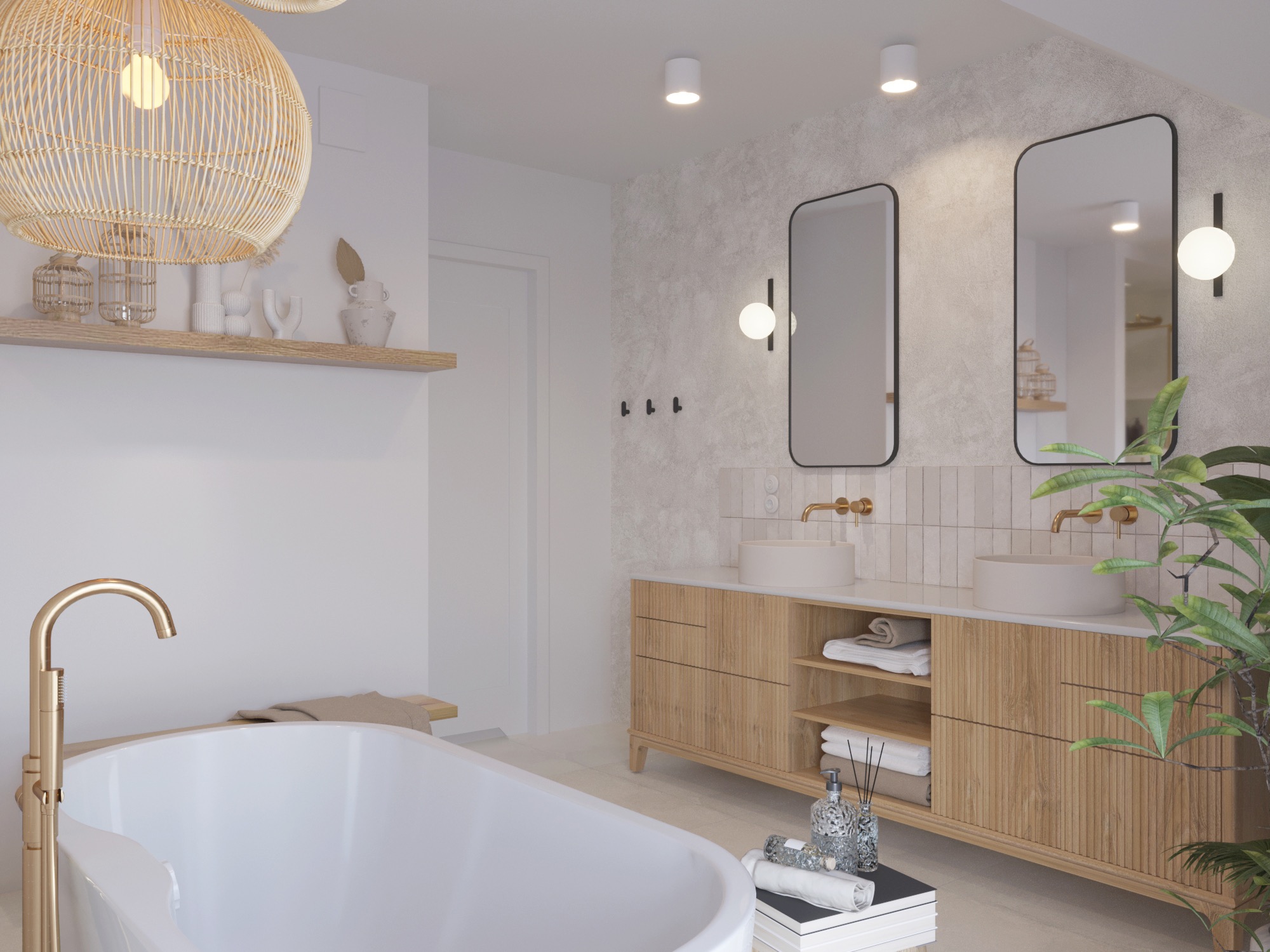 Jasna łazienka w stylu boho z wolnostojącą wanną, drewnianą szafką pod umywalką z dwiema okrągłymi umywalkami, rattanowym żyrandolem i rośliną doniczkową.
