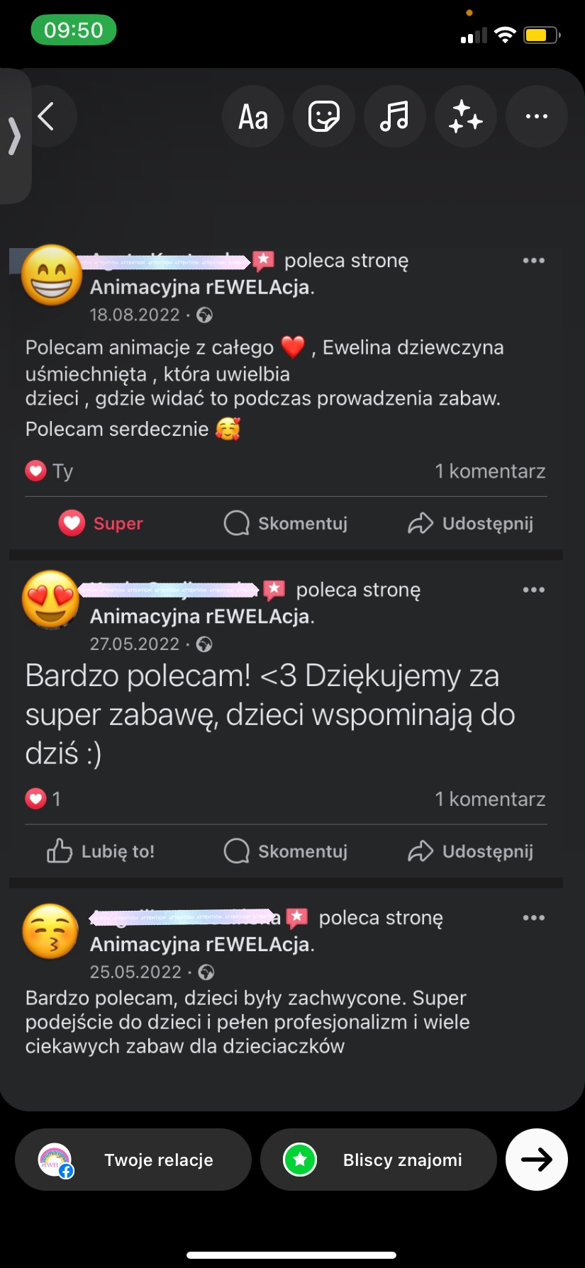 Zrzut ekranu z pozytywnymi opiniami o firmie animacyjnej, widoczne rekomendacje od klientów na platformie społecznościowej.