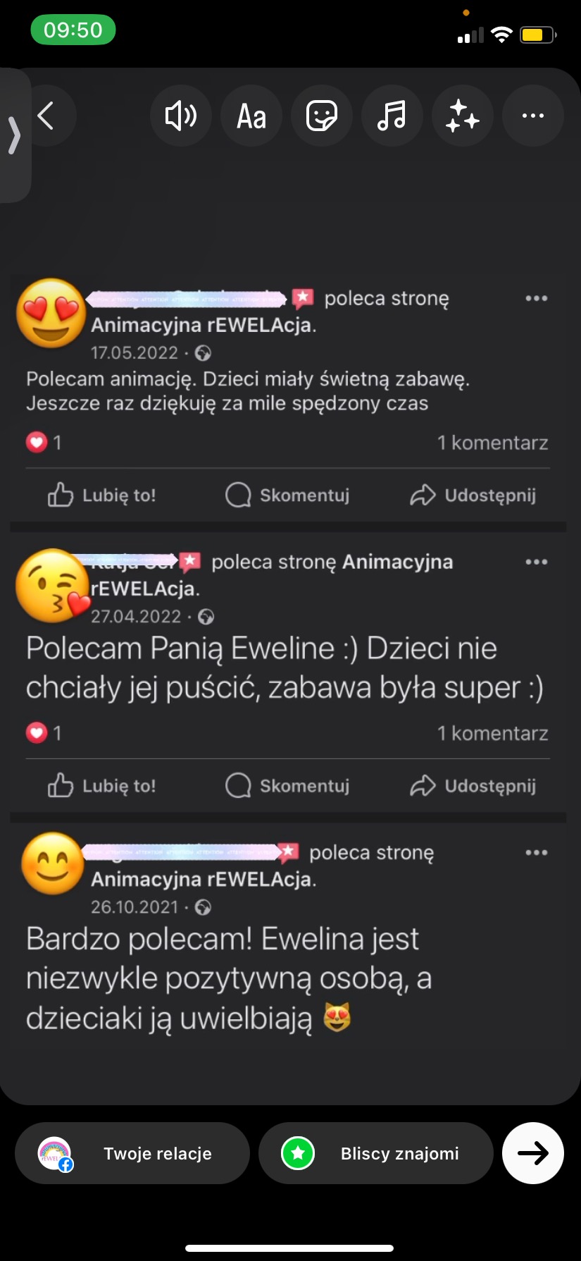 Zrzut ekranu z pozytywnymi opiniami o firmie animacyjnej na Facebooku, z emoji i datami wpisów.