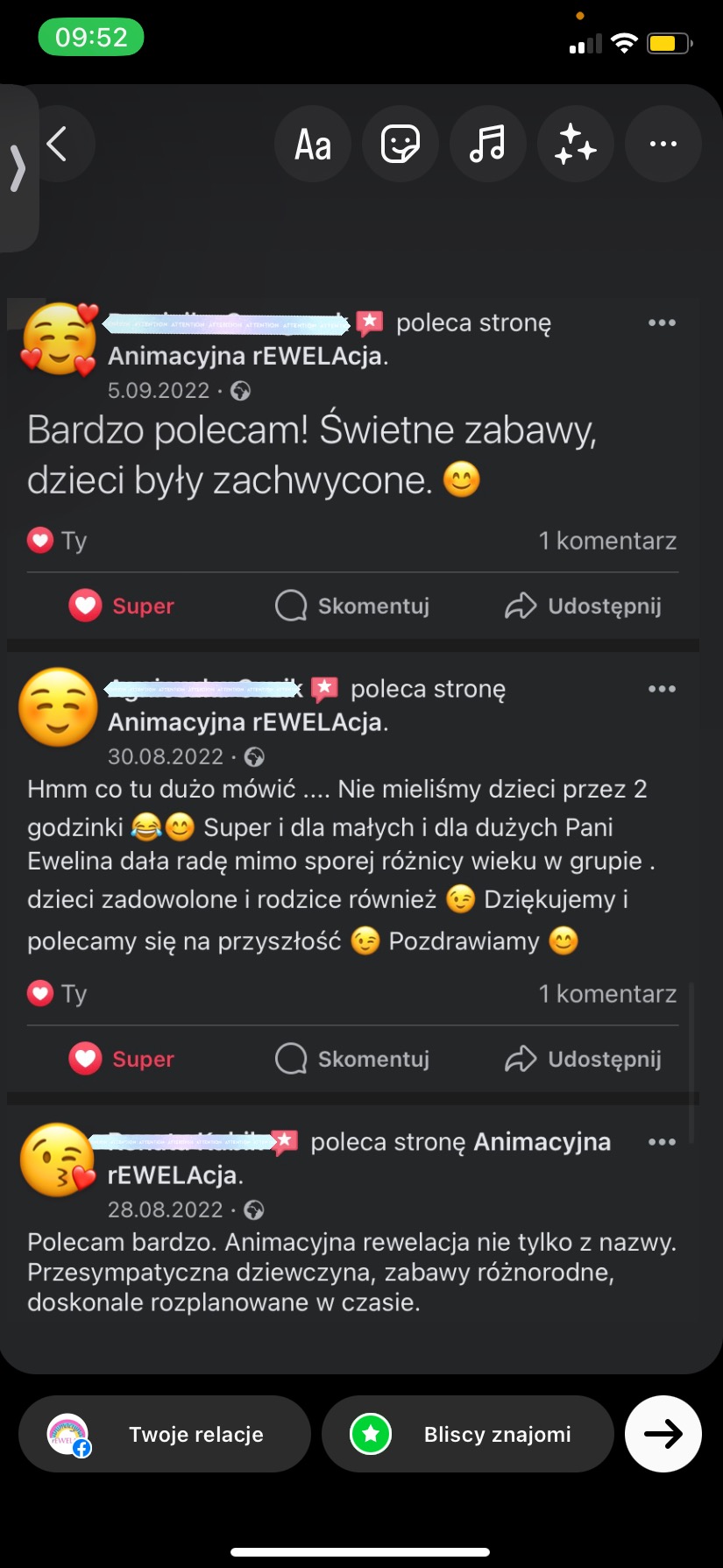 Zrzut ekranu z pozytywnymi opiniami o firmie Animacyjna rEWELAcja, polecającej animacje dla dzieci. Komentarze chwalą świetne zabawy i zadowolenie dzieci.