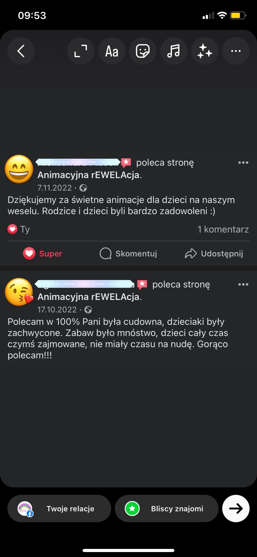 Zrzut ekranu z pozytywnymi recenzjami na temat animacji dla dzieci na weselu, zadowoleni rodzice i dzieci.