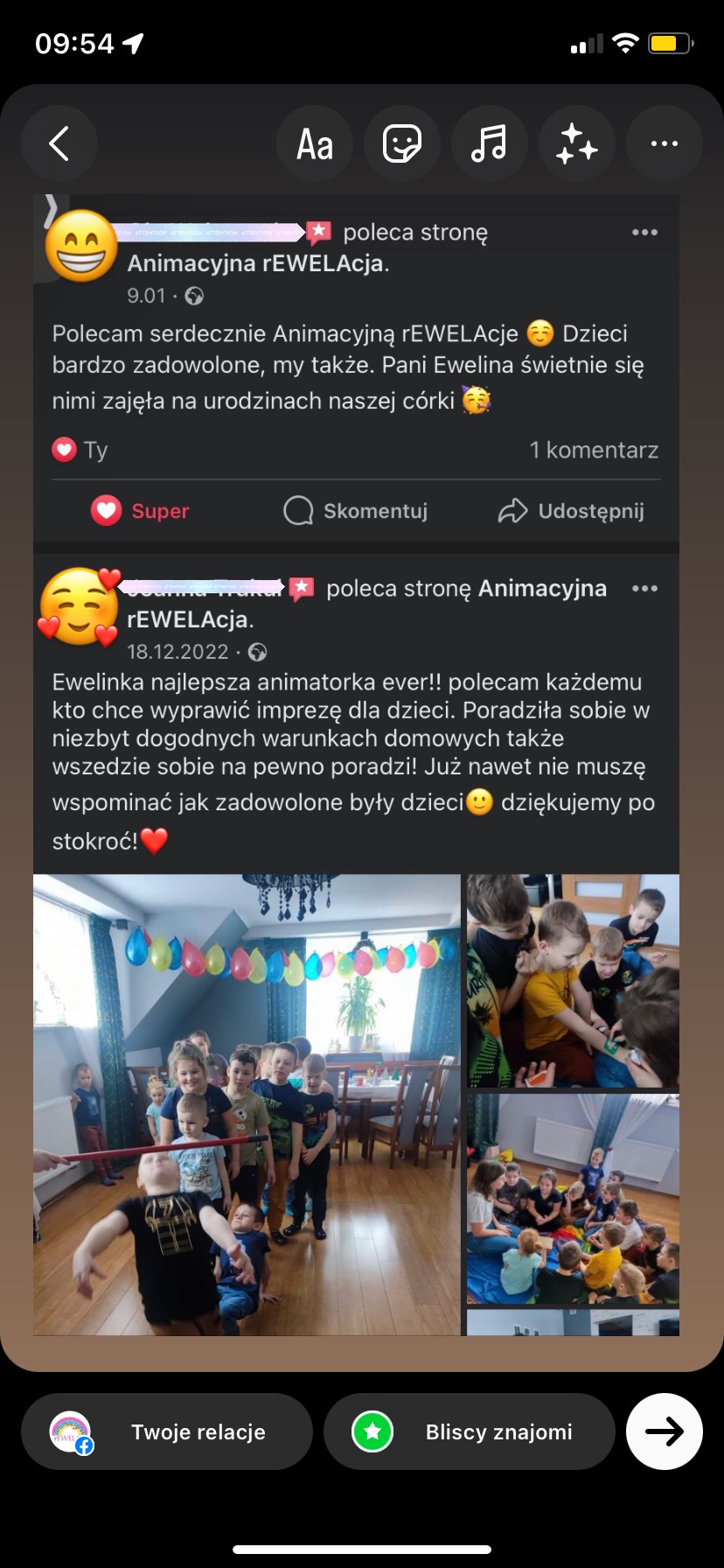 Kolaż zdjęć z urodzin dla dzieci: gra w limbo pod kolorowymi balonami, malowanie twarzy i grupa dzieci siedząca na podłodze.