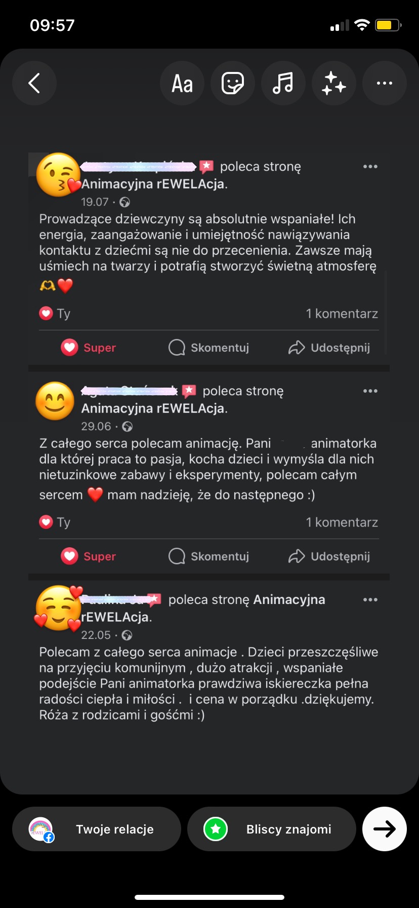 Zrzut ekranu z pozytywnymi opiniami na temat usług animacyjnych dla dzieci, widoczne rekomendacje z Facebooka podkreślające energię i zaangażowanie animatorek, ich umiejętność nawiązywania kontaktu...