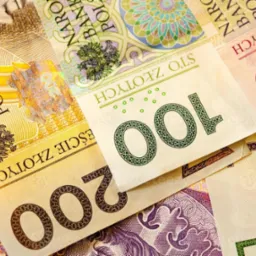 Stos banknotów polskich złotych o nominałach 200, 100 i 50, ułożonych warstwami, z wyraźnymi detalami zabezpieczeń i wzorów.