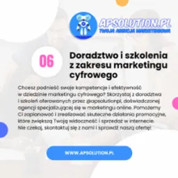 Grafika reklamowa agencji marketingowej APSOLUTION.PL oferującej doradztwo i szkolenia z zakresu marketingu cyfrowego, z robotem w logo i adresem strony internetowej.