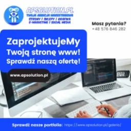 Reklama agencji interaktywnej z Kielc na tle biurka z komputerem, laptopem i dłońmi programisty piszącego kod. Oferta projektowania stron www i link do portfolio.