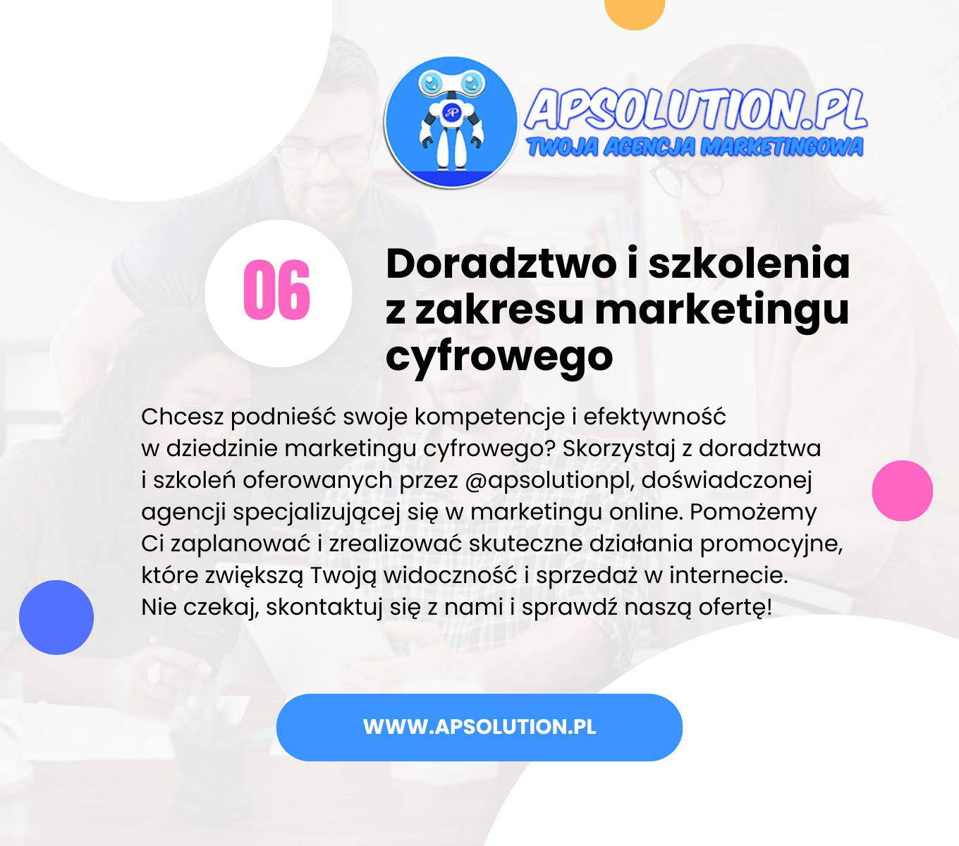 Grafika reklamowa agencji marketingowej APSOLUTION.PL oferującej doradztwo i szkolenia z zakresu marketingu cyfrowego, z robotem w logo i adresem strony internetowej.