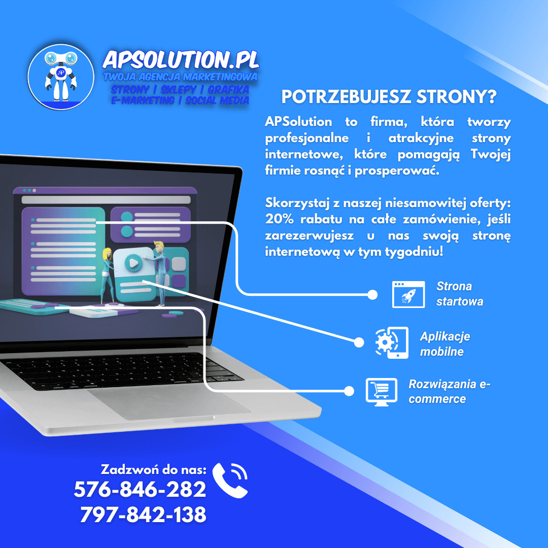 Laptop z wyświetlonym interfejsem strony internetowej i grafiką prezentującą ofertę agencji marketingowej APSolution.pl, specjalizującej się w tworzeniu stron, sklepów, grafice, e-marketingu...