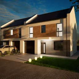 Wizualizacja szeregowca z autem na podjeździe o zmierzchu. Nowoczesna architektura z elementami drewna, oświetlona lampami. Widok z poziomu ulicy.