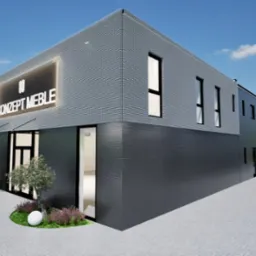 Wizualizacja 3D nowoczesnego budynku z dużym oknem i napisem 'Konzept Meble' nad wejściem, z zaparkowanym białym vanem obok. Otoczenie to trawnik i drzewa.