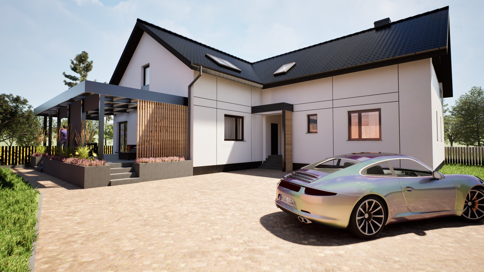 Wizualizacja nowoczesnego domu z białymi elewacjami, czarnym dachem i szarą pergolą. Na podjeździe stoi sportowy samochód o metalicznej karoserii.