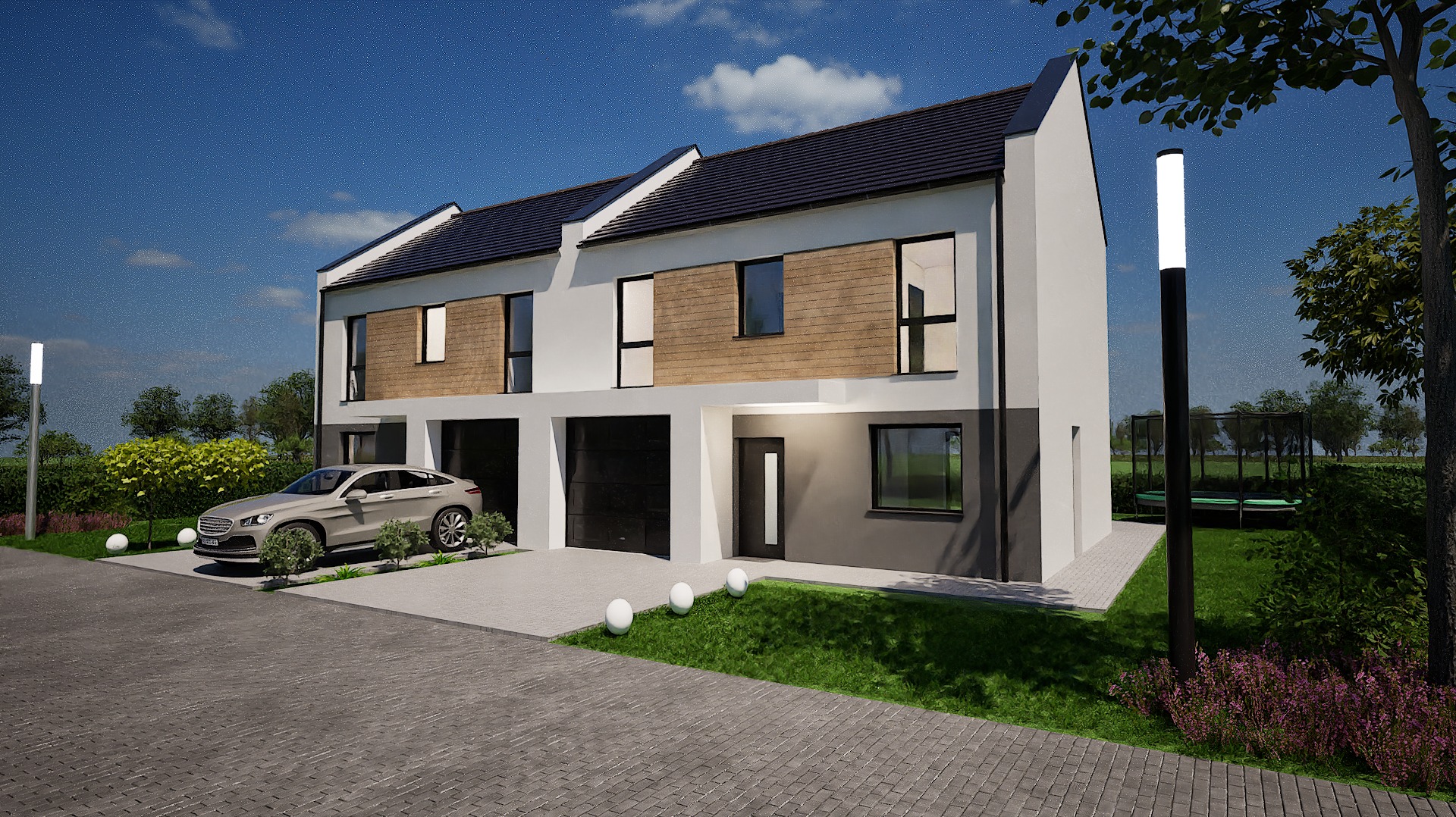 Wizualizacja nowoczesnego szeregowca z czarną dachówką, drewnianą elewacją i szarymi akcentami. Na podjeździe zaparkowany samochód, a w tle widoczny ogród z trampoliną.
