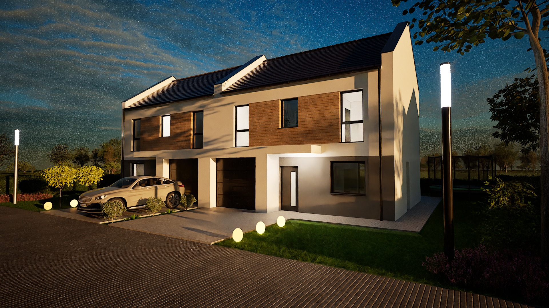 Wizualizacja szeregowca z autem na podjeździe o zmierzchu. Nowoczesna architektura z elementami drewna, oświetlona lampami. Widok z poziomu ulicy.