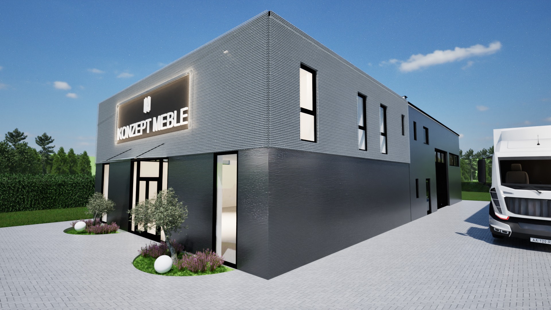 Wizualizacja 3D nowoczesnego budynku z dużym oknem i napisem 'Konzept Meble' nad wejściem, z zaparkowanym białym vanem obok. Otoczenie to trawnik i drzewa.