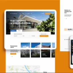 Makieta strony internetowej na tablecie i smartfonie, prezentująca interfejs serwisu do kupna i sprzedaży nieruchomości z wyszukiwarką ofert i promowanymi ogłoszeniami.