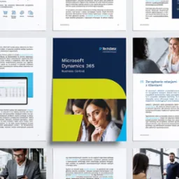 Ulotka reklamowa Microsoft Dynamics 365 Business Central z uśmiechniętą kobietą, na tle rozłożone inne materiały informacyjne, całość w jasnej tonacji.