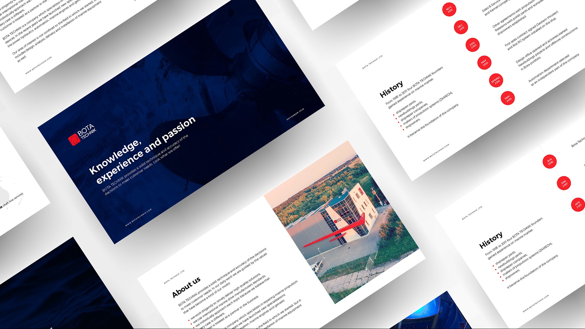 Układ stron prezentujący firmę Bota Technik, z fragmentami tekstu o historii, ofercie i wartościach firmy, uzupełniony zdjęciem siedziby firmy na tle zieleni.