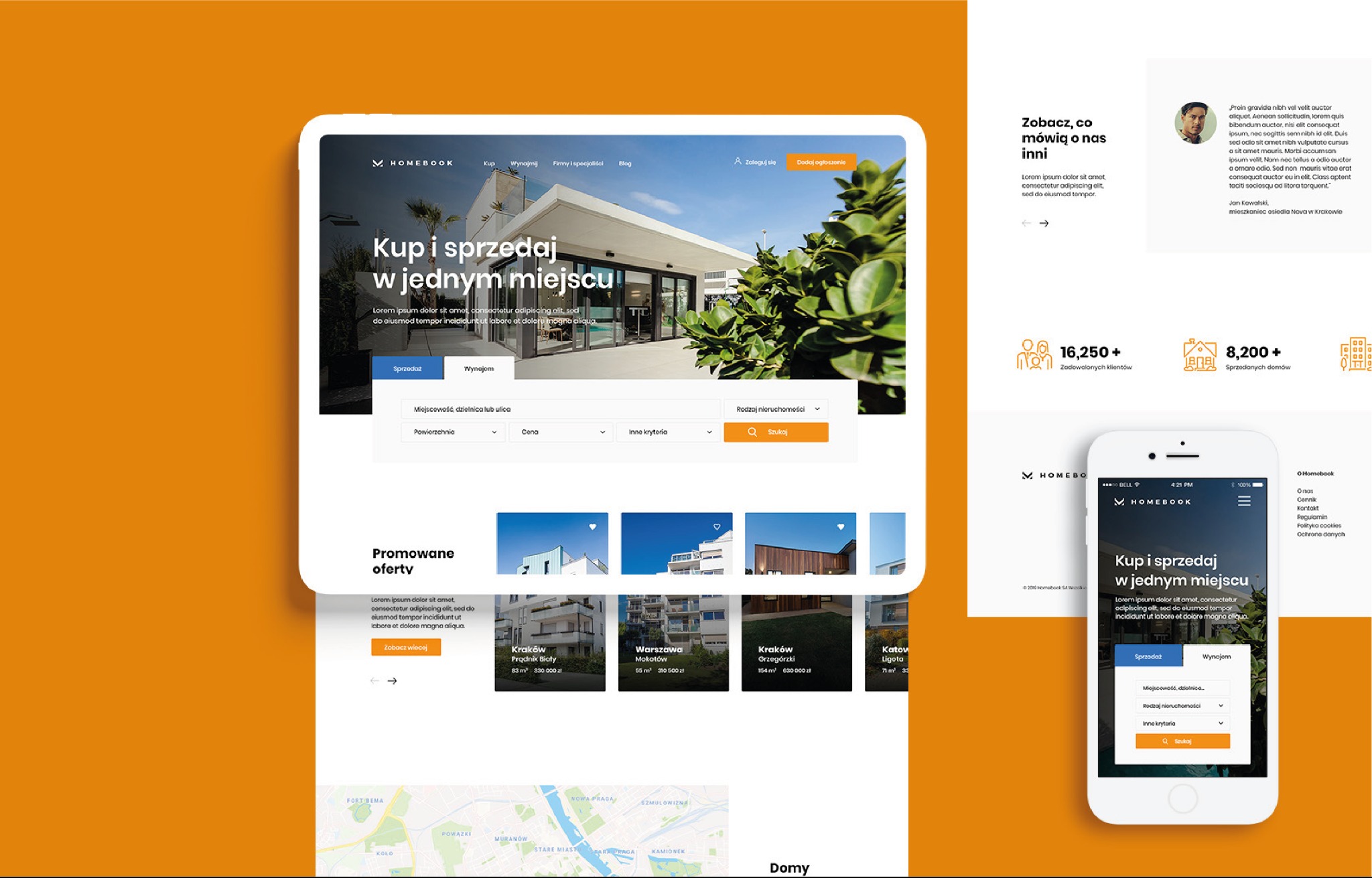 Makieta strony internetowej na tablecie i smartfonie, prezentująca interfejs serwisu do kupna i sprzedaży nieruchomości z wyszukiwarką ofert i promowanymi ogłoszeniami.