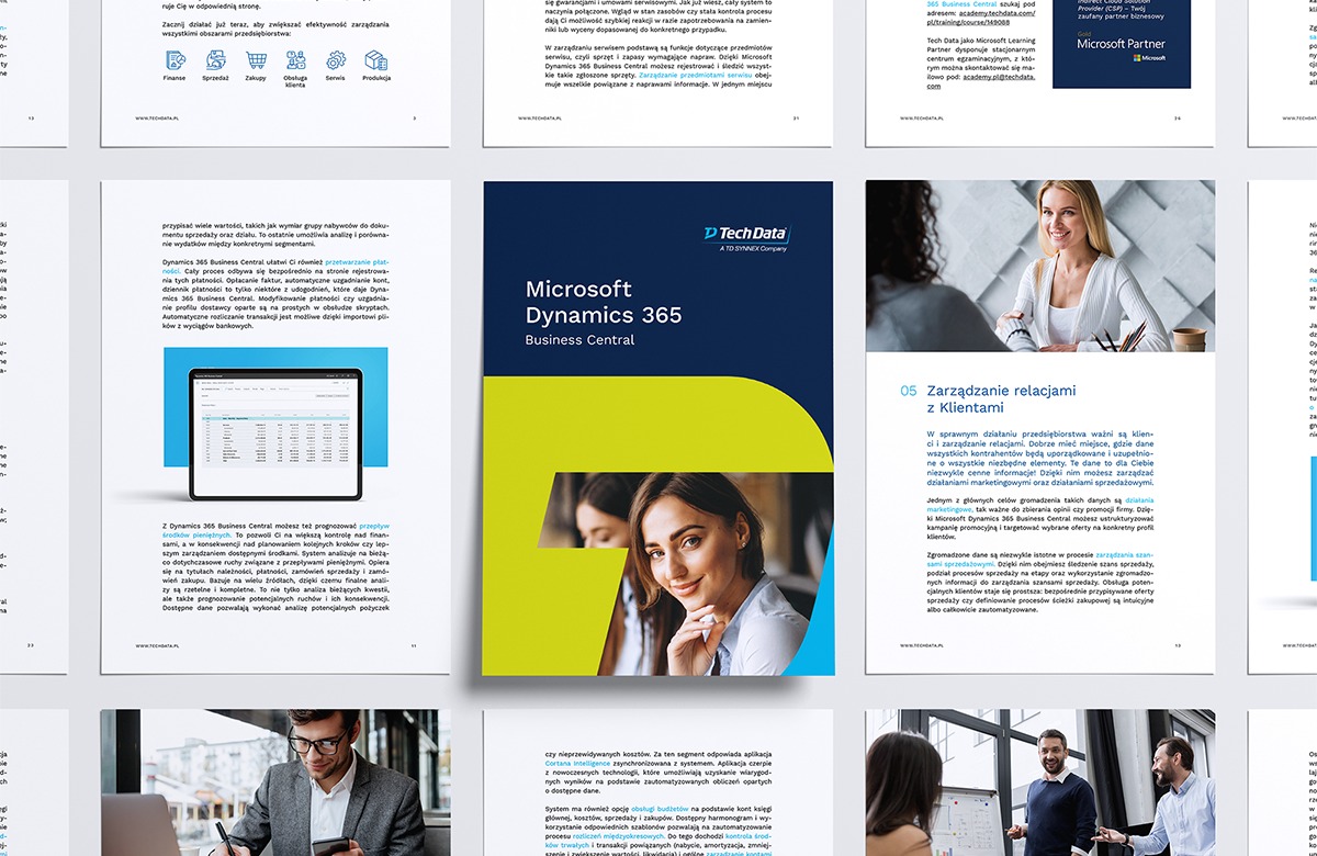 Ulotka reklamowa Microsoft Dynamics 365 Business Central z uśmiechniętą kobietą, na tle rozłożone inne materiały informacyjne, całość w jasnej tonacji.